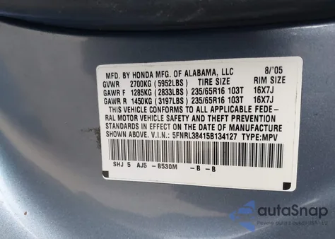 2005 Honda Odyssey Ex z USA, uszkodzony, nr VIN 5FNRL38415B134127